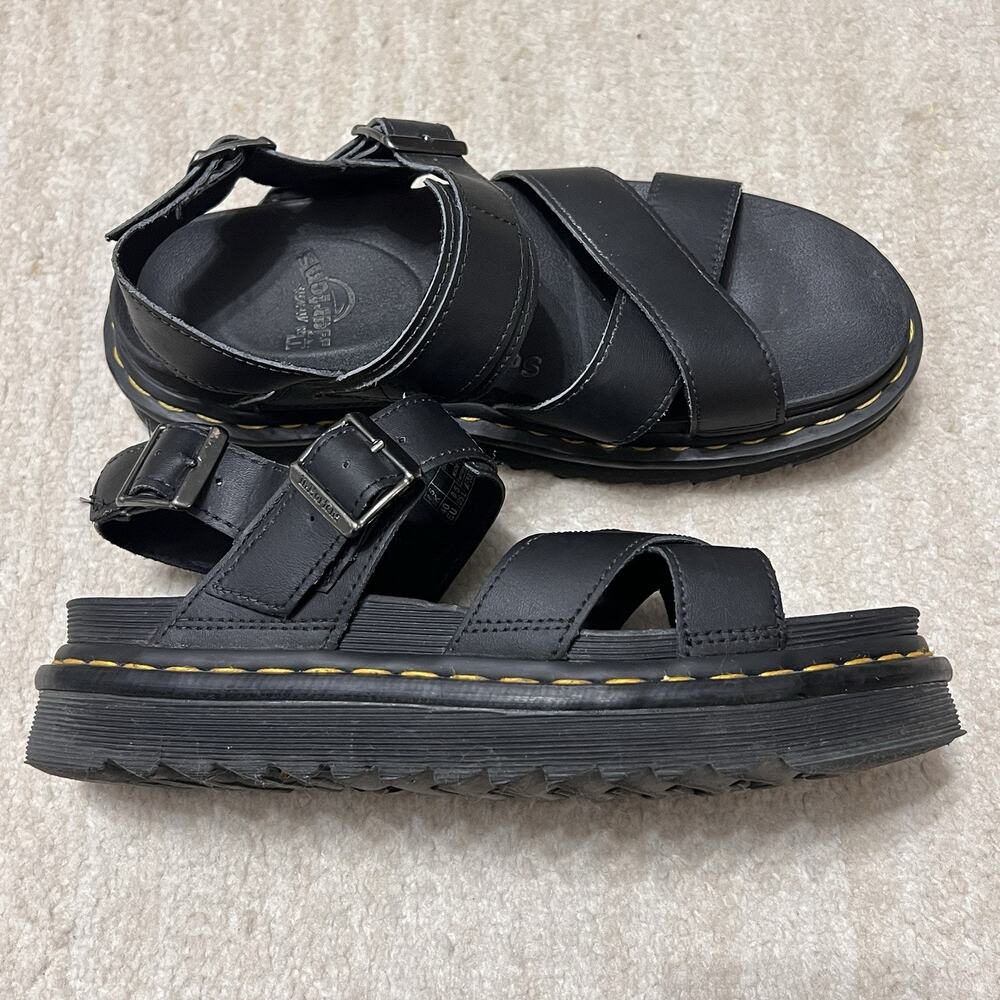 Dr. Martens Black Leather Platform Sandals with Yellow Stitching Accent